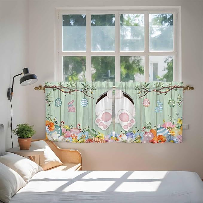 Easter Kitchen Tier Curtains 36 Inch Long 2 Panel Set,Rod Pocket Half Window Curtains Over Sink,Spring Watercolor Bunny Eggs Wooden Grain Green Light Filtering Short Drapes Cafe 27.5"W x 36"L