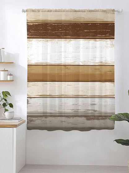 Sheer Curtains 72 Inches Long, Brown Wood Grain Semi Sheer Curtains Light Filtering Window Treatment, Vintage Country Geometric Striped Privacy Voile Drapes for Living Room Bedroom 52x72 Inch