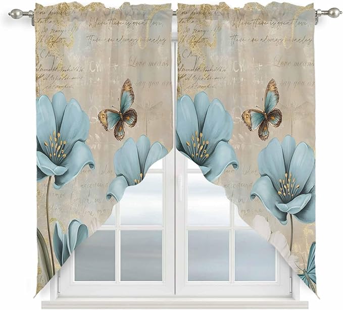 Spring Flowers Swag Valances for Windows, Vintage Rustic Tulips Floral Butterfly Khaki Rod Pocket Kitchen Curtains Valance, Kitchen Window Curtains Swag for Cafe Living Room, 2 Panels, 36x63 inch