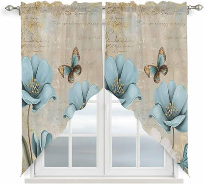 Spring Flowers Swag Valances for Windows, Vintage Rustic Tulips Floral Butterfly Khaki Rod Pocket Kitchen Curtains Valance, Kitchen Window Curtains Swag for Cafe Living Room, 2 Panels, 36x63 inch