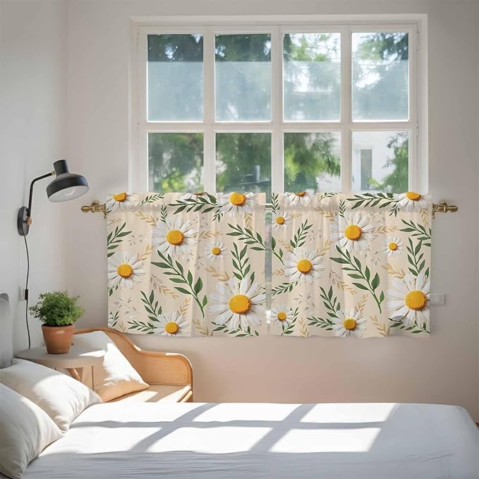 Spring Daisy Tier Curtains, Country Watercolor Flower Leaf Plant Light Filtering Kitchen Curtains, 2Pcs Rod Pocket Half Window Treatments Panels for Sink Cafe Cabinet Camper 27.5x24 Inches