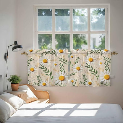 Spring Daisy Tier Curtains, Country Watercolor Flower Leaf Plant Light Filtering Kitchen Curtains, 2Pcs Rod Pocket Half Window Treatments Panels for Sink Cafe Cabinet Camper 27.5x24 Inches