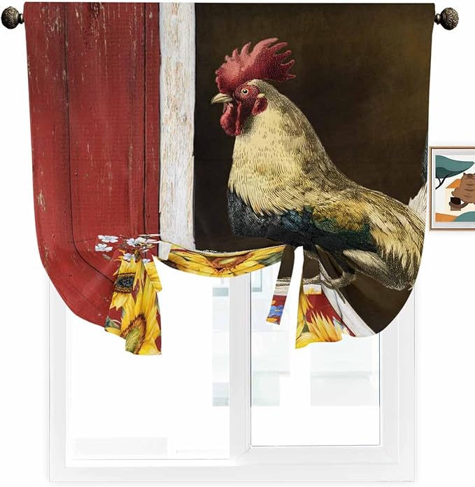 Tie Up Curtains for Windows, Chicken Sunflowers Adjustable Balloon Nature Linen Textured Kitchen Curtain, Farmhouse Animals Red Barn Bees Thermal Insulated Curtains for Window, 42" x 54"