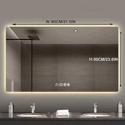 Bathroom Mirror with LED Lights，LED Bathroom Mirror，Smart Lighted Bathroom Mirror for Wall，Energy-Saving LED Smart Mirrors，with Demister Pad，Three-Color Light(H60*W80cm/H23.6*W31.5IN)