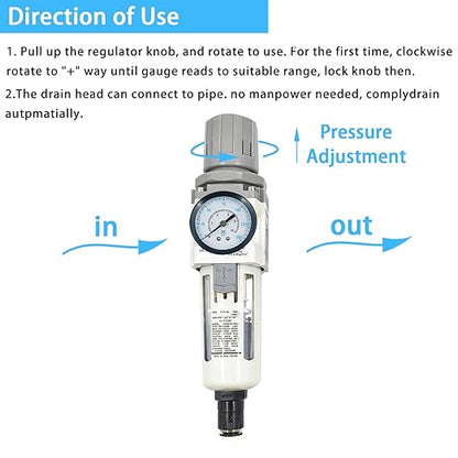 XingNEeng 3/8" NPT Compressed Air Filter Regulator Combo Piggyback, Water/Oil Trap Separator with Pressure Gauge(0-150 psi), Auto Drain, Poly Bowl, 5 Micron Brass Element, Metal Bracket