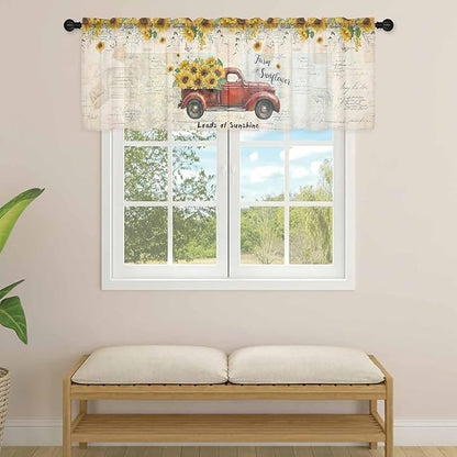 Farmhouses Sunflowers Sheer Valance Curtains, Retro Floral Leaves Red Truck Vintage Light Filtering Kitchen Valances Rod Pocket Voile Curtain Window Treatment for Bedroom/Living Room/Basement 42Wx12L