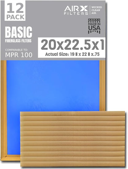 20x22.5x1 Air Filter Comparable to MPR 100 Basic Economy Furnace Filters, 12 Pack of Non Pleated Fiberglass Filter For Dust - Low Airflow Restriction! From AIRX FILTERS WICKED CLEAN AIR.