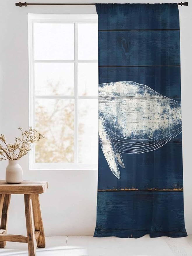 Sheer Curtains 84 Inches Long, Summer Whale Semi Sheer Curtains Light Filtering Window Treatment, Ocean Watercolor Wooden Grain Blue Privacy Voile Drapes for Living Room Bedroom 52x84 Inch