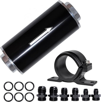 Inline Fuel Filter 100 Micron with 6AN 8AN 10AN Fuel Filter Adapter Universal 50MM, 1 set Inline fuel filter Black