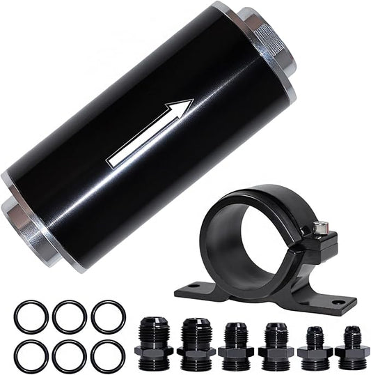 Inline Fuel Filter 100 Micron with 6AN 8AN 10AN Fuel Filter Adapter Universal 50MM, 1 set Inline fuel filter Black