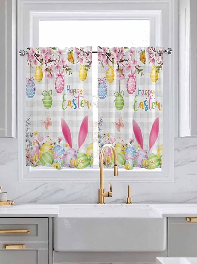 Happy Easter Kitchen Curtains 54 Inches length, Spring Watercolor Bunny Eggs Flower Grey Plaid Window Treatment Curtain Drapes, Thermal Insulated Drapes for Basement Hotel RV, 42"x54", 2 Panels