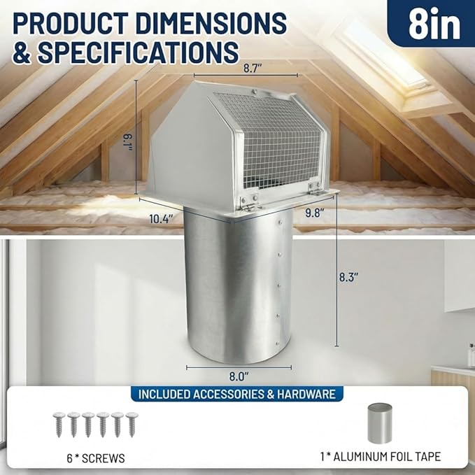 8 Inch Vent Covers for Wall, Galvanized Steel Dryer Vent Cover Outside with Screen, Dryer Vent Wall Plate for Dryer Exhaust Vent, External Extractor for House Ventilation&Outside Air Exhaust
