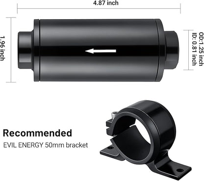 EVIL ENERGY Inline Fuel Filter 10 Micron with Barb 1/2", 3/8", 5/16" Fitting Adapter, Bracket Clamp 50MM Universal Aluminum Black for Gasoline, Diesel, Rubber Fuel Line