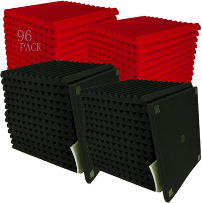 96 Pack Allxinlog Absorb the echo Acoustic Foam Panel Wedge Studio Soundproofing Wall Tiles 12" X 12" X 1" (48RED+48BLACK)