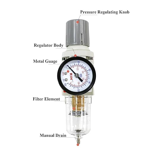 RIH 1/4" NPT Compressed Air Filter Regulator Combo Piggyback, 5 Micron Brass Element, Poly Bowl, Semi-Auto Drain, Metal Bracket, 0-150 psi Gauge Air Tool Compressor Filter with Gauge (1/4" NPT)