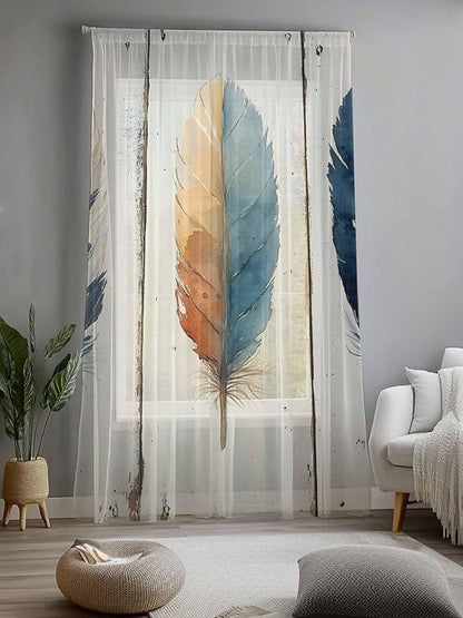 Sheer Curtains 108 Inches Long, Blue Brown Feathers Semi Sheer Curtains Light Filtering Window Treatment, Boho Ombre Vintage Wooden Grain Privacy Voile Drapes for Living Room Bedroom 52x108 Inch