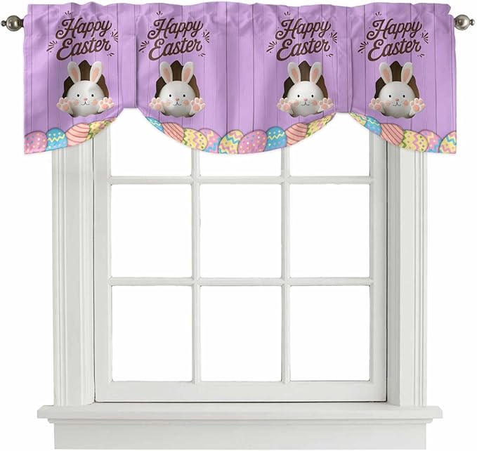 Purple Easter Tie Up Valance Curtains for Windows, Kitchen Curtains Window Shades, Spring Cartoon Bunny Colorful Eggs Wood Grain Light Filtering Curtain Valances for Bedroom/Bathroom/Cafe 42"x12"