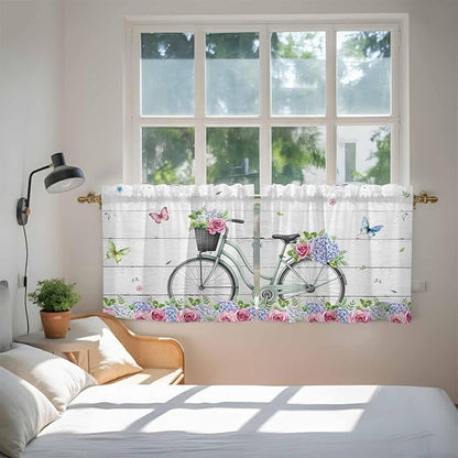 Spring Tier Curtains, Bicycles Botanical Rose Leaves Butterfly Wood Grain Light Filtering Kitchen Curtains, 2Pcs Rod Pocket Half Window Treatments Panels for Sink Cafe Cabinet Camper 27.5x24 Inches