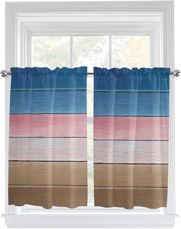 Blue Pink Brown Gradient Wood Grain Window Valance Curtains, Vintage Wood Board Light Filtering Kitchen Valance with 3-inch Rod Pocket for Living Room Bathroom Bedroom,2 Panel,52x45In