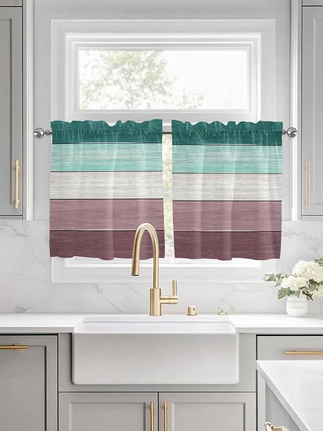 Retro Farm Woodcuts Texture Window Valance Curtains, Green Brown Gradient Light Filtering Kitchen Valance with 3-inch Rod Pocket for Living Room Bathroom Bedroom,2 Panel,27.5x24In