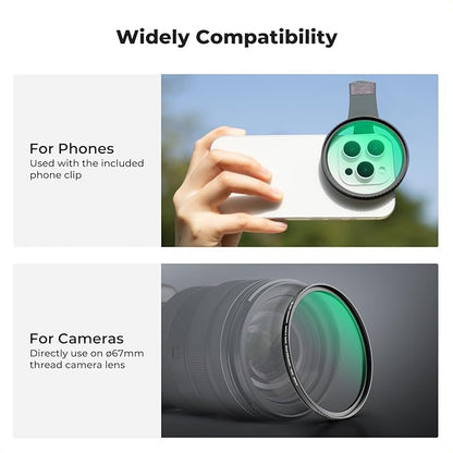 K&F CONCEPT 67mm Clip-on Black Diffusion 1/8 Phone Camera Lens Filter Kit, Mist Cinematic Effect Filter Compatible with iPhone 16 15 14 13 12 11, for Video/Vlog/Portrait Photography