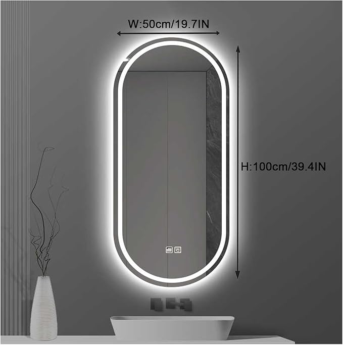 Bathroom Led Mirror ，Bathroom Mirror with LED Lights，LED Mirror for Bathroom，Backlit Bathroom Mirror ，Backlit Lighted Makeup Mirror，with Touch Sensor/Dimming/Demister pad(A,H100*W50cm/H39.4*W19.7IN)