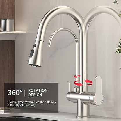 Kitchen Sink Faucet with Pull - Down Sprayer, 2 - Handle 3 - in - 1 Kitchen Sink Filter Faucet, Cold and Hot Mixer Drinking Water Faucet (3-in-1 Filter Faucet, Brushed Nickel)