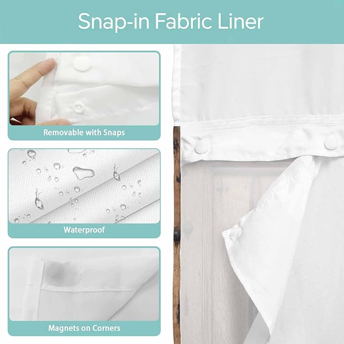 Wood Barn Door No Hook Shower Curtain with Snap in Liner Set, Waterproof Shower Curtains for Bathroom, Wooden Plank Fabric Shower Curtain, See Through Mesh Top Window, 72" W x 72" L