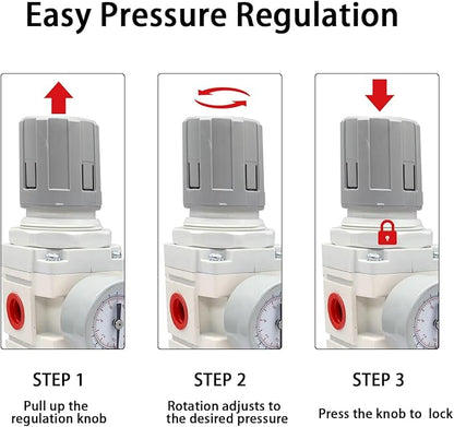 YSIL 3/8''NPT 3 Stage Filter and Regulator with Pressure Gauge Air Drying System with 5 and 0.5 and 0.01 Micron Brass Filter Pressure Regulator Combo Piggyback(Semi-Auto Drain）