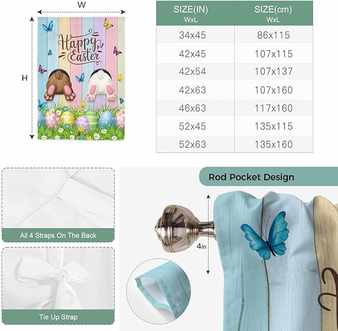 Tie Up Curtains,Happy Easter Rabbit Butt Egg on Daisy Leaf Adjustable Rod Pocket Window Shade Curtain Drape Bufferfly on Wood Barn Tie-Up Valance for Kitchen Bedroom Living Room Windows,46"x63"