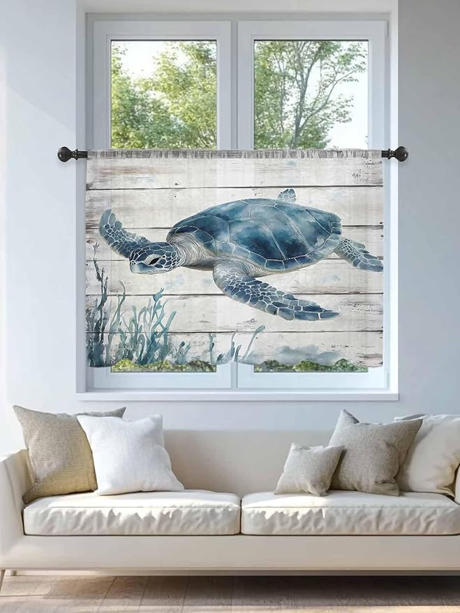 Sheer Curtains 45 Inch Length, Ocean Sea Turtle Semi Sheer Curtains Light Filtering Window Treatment, Coastal Seaweed Vintage Wood Grain Privacy Voile Drapes for Living Room Bedroom 52x45 Inch