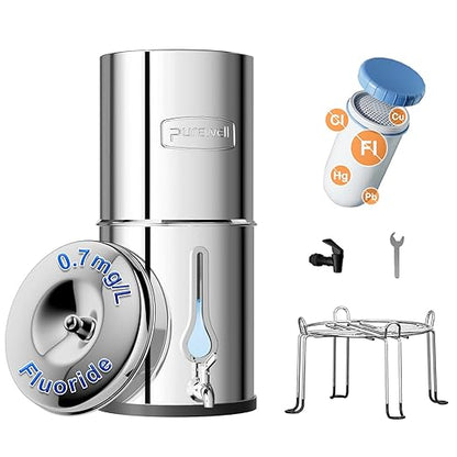 Purewell Fluoride-Free 8-Stage Gravity Water Filter System with PC Water Level Window, Certified to Reduce Fluoride, Lead, Total PFAS (Forever Chemicals), Mercury, and Chlorine, SF-FL-2.25G