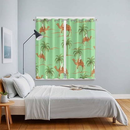 2 Panel Kitchen Cafe Curtains, Desert Camels Sunlight Filtering Nature Air Through, Home Decor Window Covering Tier Curtains for Living Room 104W x 84L inch Tropical Date Palm Trees Animal Green