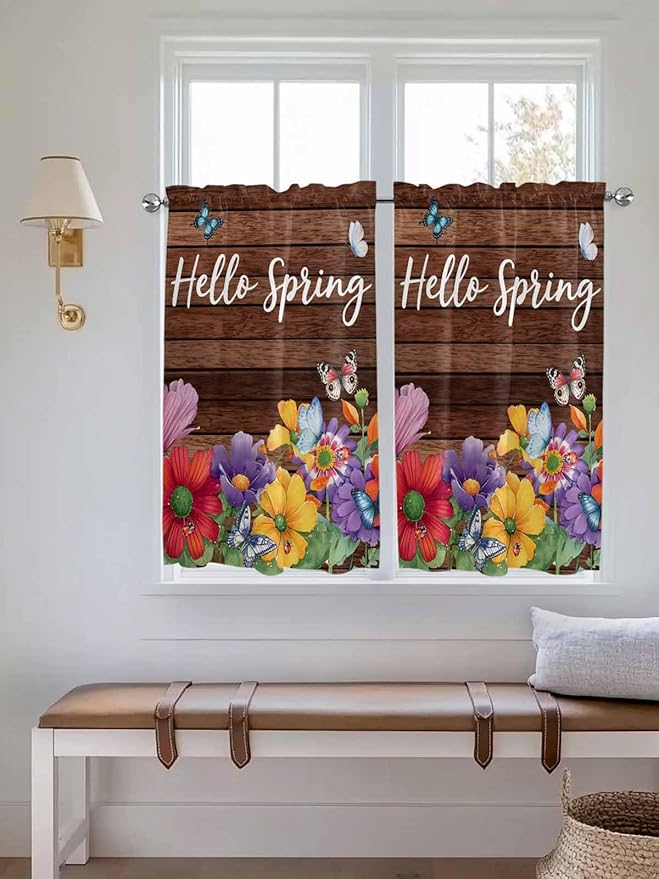 Spring Flowers Tier Curtains 45 Inches Long, Watercolor Farmhouse Colorful Wooden Grain Window Treatment Curtain Drapes, Small Curtain Drapes for Bathroom Laundry Room, 27.5"x45", 2 Panels
