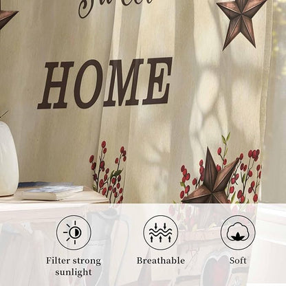 Farm Sheer Curtains 72 Inch Length American Country Barn Star Vintage Berry Brown Chiffon Curtain for Bedroom Living Room Light Filtering Rod Pocket Window Treatments Voile Curtains Drapes for Dining