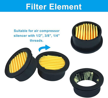 Zorfeter 6PCS Air Compressor Silencer Filter Elements for 1/2" 1/4" 3/8", Air Compressor Replacement Intake Paper Filter Sound Muffler Accessories for Blowers, Generators, Exhaust Ports HE015