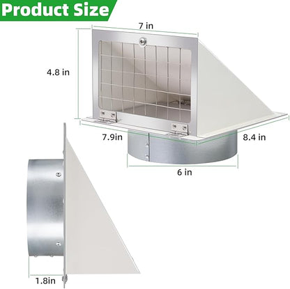 6 Inch Hooded Wall Vent with Mesh&Damper,6''Exhaust Vent Cover,6in Dryer Vent Cover Outside Metal Wall Exhaust Vent Cap Hood for Outdoor Kitchen Range Hood/Bathroom Exhaust Duct-Galvanized Steel,White