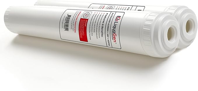 LiquaGen Activated Alumina + Carbon + KDF-55 Replacement Water Filter Cartridge – Helps Manage Fluoride, Chlorine & Taste, Refillable 2.5" x 10", 2.5" x 20", 4.5" x 10", 4.5" x 20" (2, 2.5" x 20")