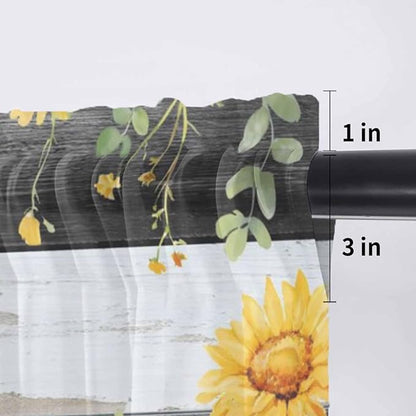Summer Floral Sheer Valance Curtains, Watercolor Sunflower Eucalyptus Leaves Black Wood Grain Light Filtering Kitchen Valances Rod Pocket Voile Curtain for Bedroom/Living Room/Basement 54Wx18L