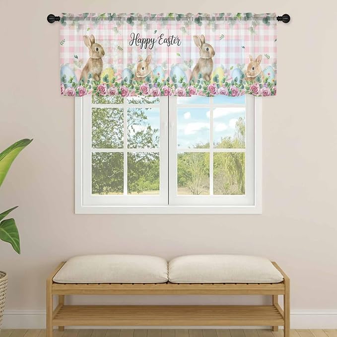 Easter Sheer Valances for Windows 42"x12", Light Filtering Kitchen Curtains Valance, Spring Watercolor Bunny Eggs Flower Leaf Pink Plaid Rod Pocket Chiffon Curtains for Living Room Bedroom Cafe
