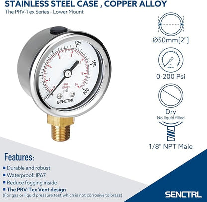 SENCTRL 0-200 psi Pressure Gauge, 2" Dial Size, 1/8 NPT Lower Mount, Waterproof, Stainless Steel Case, for Pneumatic Regulator Air Compressor Portable Tank Water Tire Test