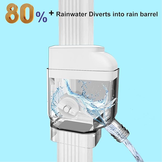 Gutter Downspout Diverter with Built-in Filter Screen Fits for 2"x3" and 3"x4" Downspout, Rainwater Collection System with Adjustable Valve and 4ft. Hose, Diverts Large Water Flow, White