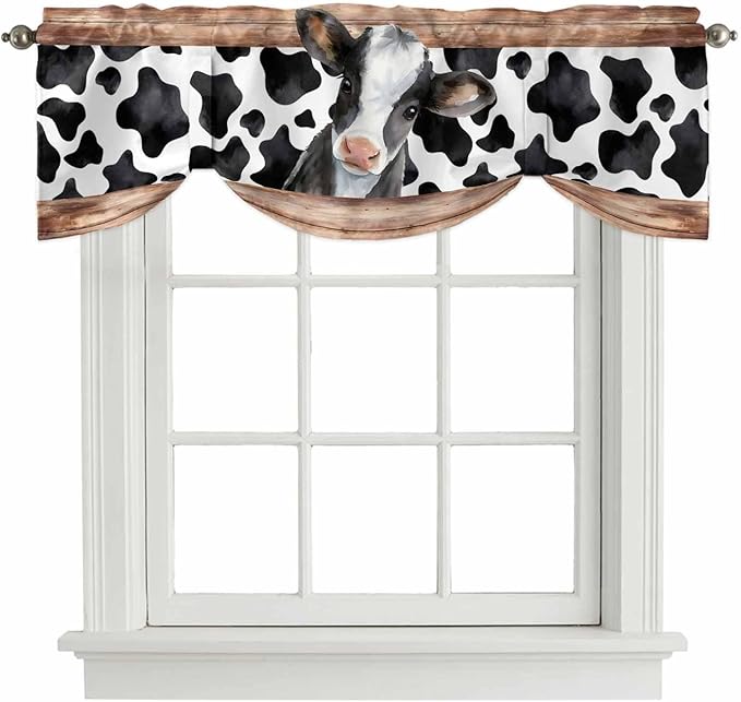 Cow Printed Tie Up Valance Curtains for Windows, Kitchen Curtains Window Shades, Farmhouse Watercolor Country Wooden Grain Light Filtering Roman Curtain Valances for Bedroom/Bathroom/Cafe 42"x12"