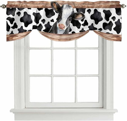 Cow Printed Tie Up Valance Curtains for Windows, Kitchen Curtains Window Shades, Farmhouse Watercolor Country Wooden Grain Light Filtering Roman Curtain Valances for Bedroom/Bathroom/Cafe 60"x18"