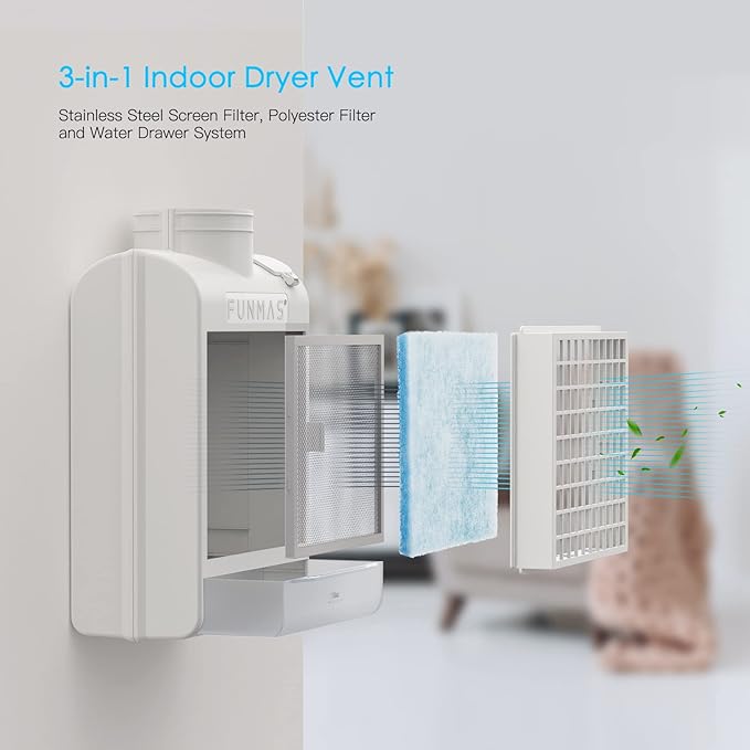 3-in-1 Indoor Dryer Vent, Stainless Steel Screen Filter, Polyester Filter and Water Drawer System, Upgrade Safety Vent Flap, with 4 Pieces Polyester Filters, For Electric Clothes Dryers
