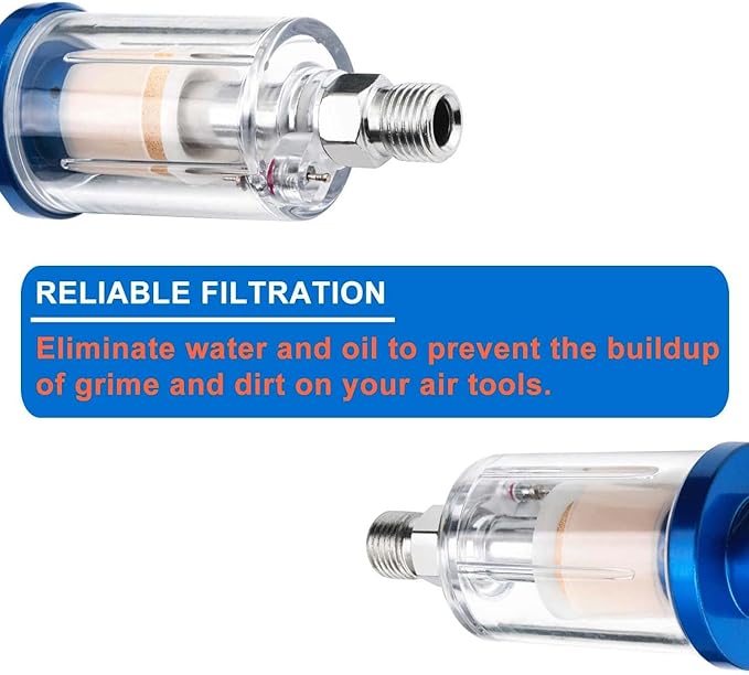 Air Compressor Moisture Separator Filter,For Air Line Compressor Fitting, Clear Glass with Blue Aluminum Cap, 1/4 Inch NPT Connection, 2 Pack