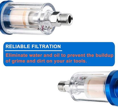 Air Compressor Moisture Separator Filter,For Air Line Compressor Fitting, Clear Glass with Blue Aluminum Cap, 1/4 Inch NPT Connection, 2 Pack
