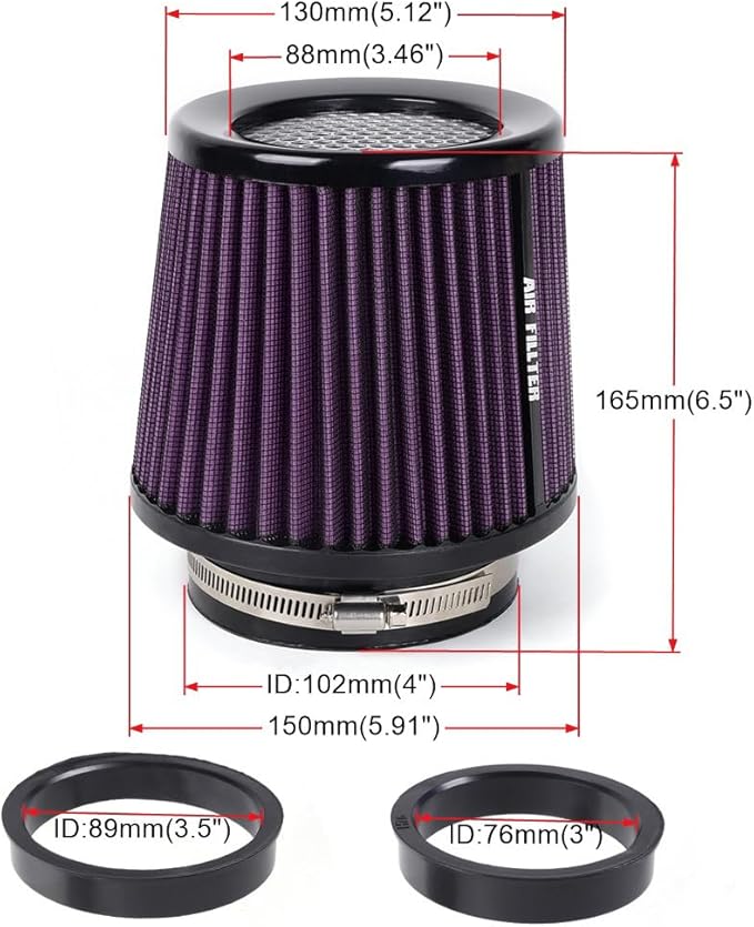 3" 3.5" 4" Inlet Car Replacement Cold Air Intake Filter 76mm 89mm 102mm 3 Sizes in 1 High Flow Performance Cone Air Filter (Purple)