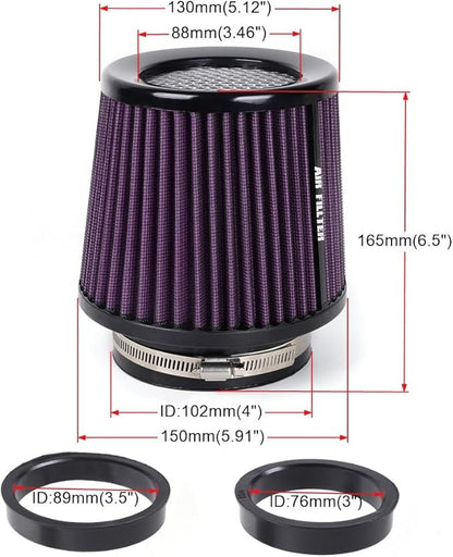 3" 3.5" 4" Inlet Car Replacement Cold Air Intake Filter 76mm 89mm 102mm 3 Sizes in 1 High Flow Performance Cone Air Filter (Purple)