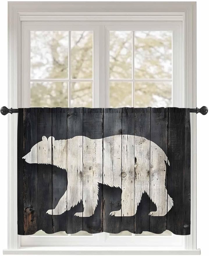 Sheer Curtains 54 Inch Length, White Brown Bear Semi Sheer Curtains Light Filtering Window Treatment, Rustic Counrty Vintage Wood Grain Privacy Voile Drapes for Living Room Bedroom 52x54 Inch